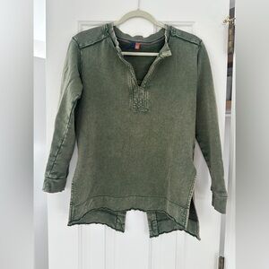 Open back distressed green sweatshirt
